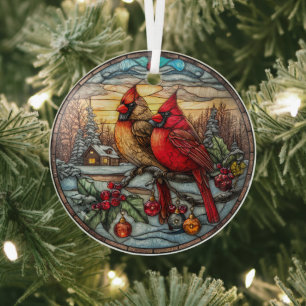 Adorno De Cristal Cardenales en rama nevada con acebo