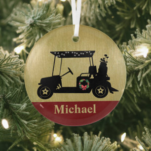 Adorno De Cristal Carro de golf de Navidad único con palos y nombre 