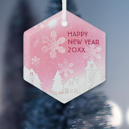 Adorno De Cristal Casa Blanca de Nieve Rosa Feliz Año Nuevo