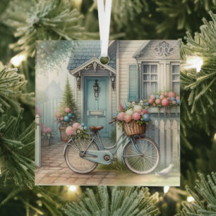 Adorno De Cristal Casa de campo azul con bicicleta y cesta de flores