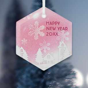 Adorno De Cristal Casa de nieve blanca rosa Feliz año nuevo