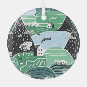 Adorno De Cristal Casas escandinavas, árboles, ilustracion montañoso