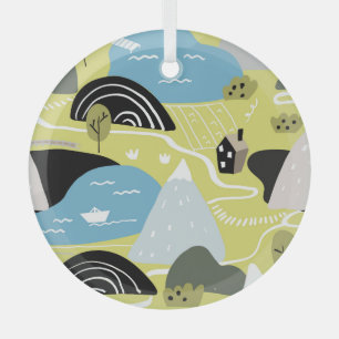 Adorno De Cristal Casas escandinavas, árboles, patrones de montañas.