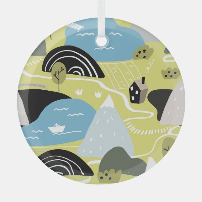 Adorno De Cristal Casas escandinavas, árboles, patrones de montañas. (Anverso)