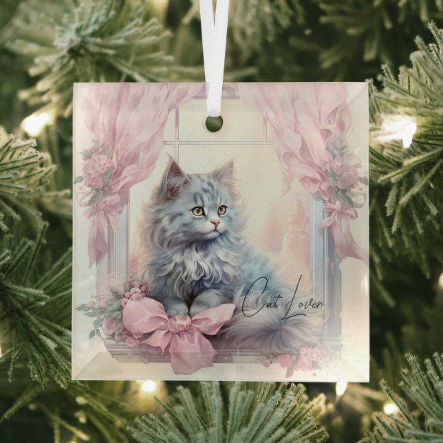 Adorno De Cristal Cat Lover Gray Kitten Pink Bow (in situ)