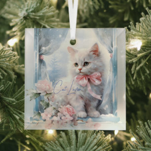 Adorno De Cristal Cat Lover White Kitten Pink Bow