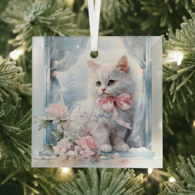 Adorno De Cristal Cat Lover White Kitten Pink Bow (in situ)