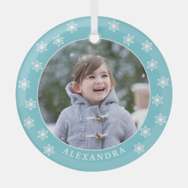 Adorno De Cristal Chrismas Snowflakes Nombre personalizado Foto azul