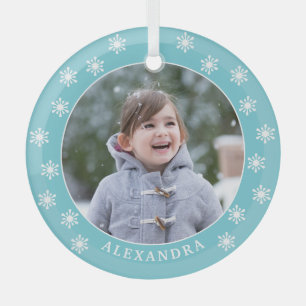 Adorno De Cristal Chrismas Snowflakes Nombre personalizado Foto azul