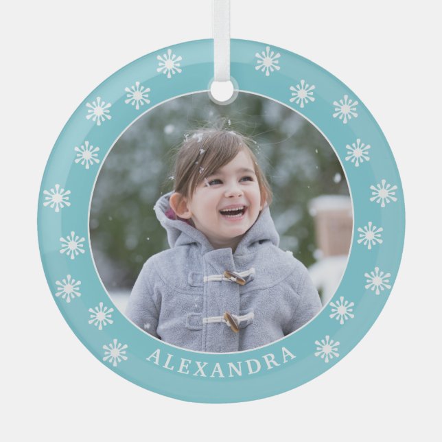 Adorno De Cristal Chrismas Snowflakes Nombre personalizado Foto azul (Anverso)