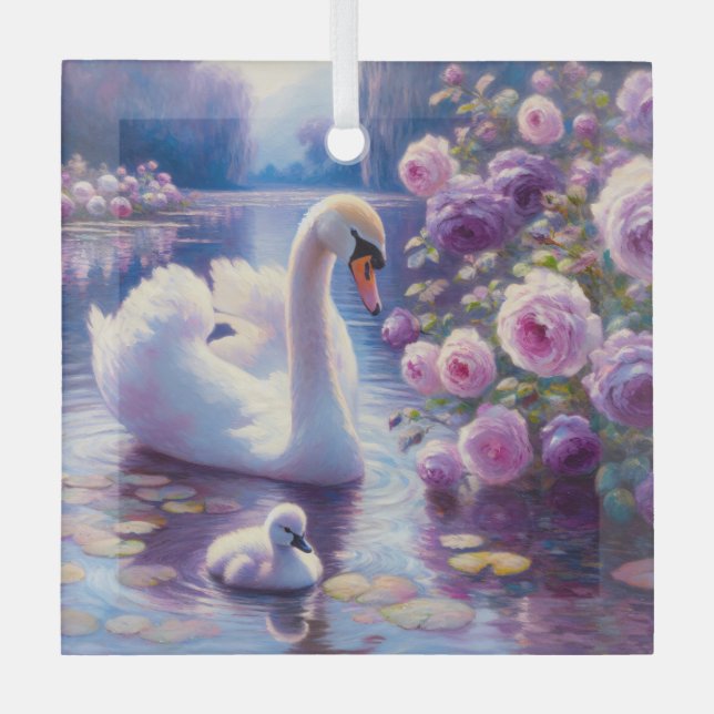 Adorno De Cristal Cisne blanco con Rosas morados (Anverso)