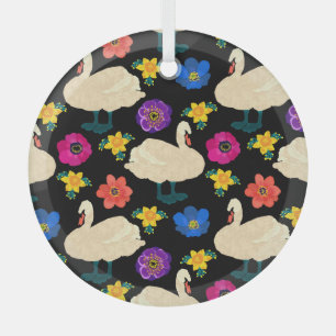 Adorno De Cristal Cisnes, flores, fondo negro dibujado a mano.