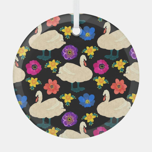 Adorno De Cristal Cisnes, flores, fondo negro dibujado a mano. (Anverso)