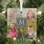 Adorno De Cristal Collage de fotos familiar<br><div class="desc">Collage de fotos de familia regalos personalizados en monograma con nombre de familia y año. Fotos de plantillas a través de Pixabay bajo licencia CC0 y deben reemplazarse con sus propias fotos</div>