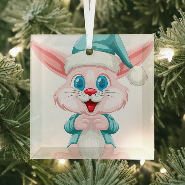 Adorno De Cristal Conejo personalizado (The Rabbit is wearing a light blue Winter Hat with white fur!)