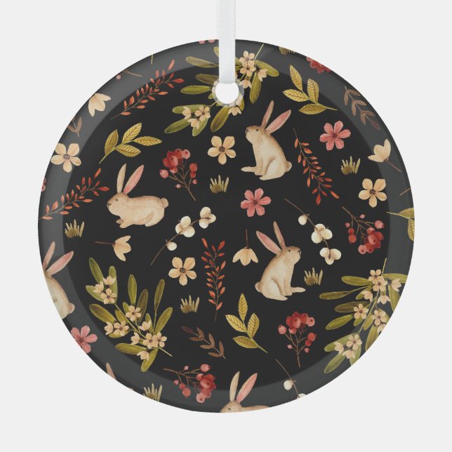 Adorno De Cristal Conejos Cutos: Patrón de acuarela dibujado a mano (Anverso)