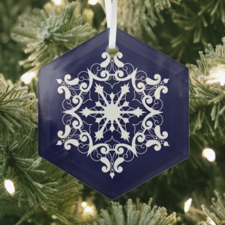 Adorno De Cristal Copo De Nieve Blanco Sobre Azul Oscuro