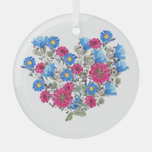 Adorno De Cristal Corazón acuarela floral, flores silvestres brillan