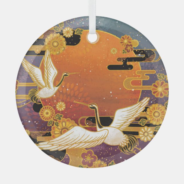 Adorno De Cristal Crane Bird Chrysanthemum Patrón japonés (Anverso)