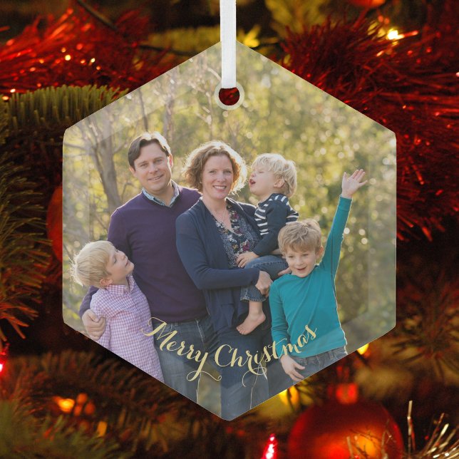 Adorno De Cristal Crea tu propio hexagón de Navidades de fotos famil (Create Your Own Family Photo Christmas Hexagon Glass Ornament)
