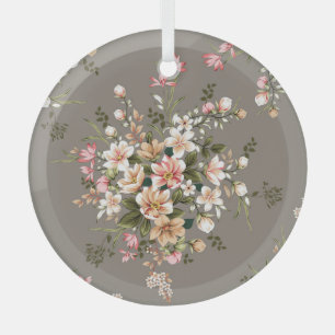 Adorno De Cristal Crema, flores rosas en gris.