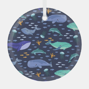 Adorno De Cristal Criaturas marinas: ballenas, patrón de medusas.