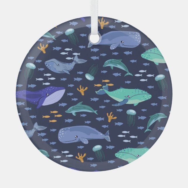 Adorno De Cristal Criaturas marinas: ballenas, patrón de medusas. (Anverso)