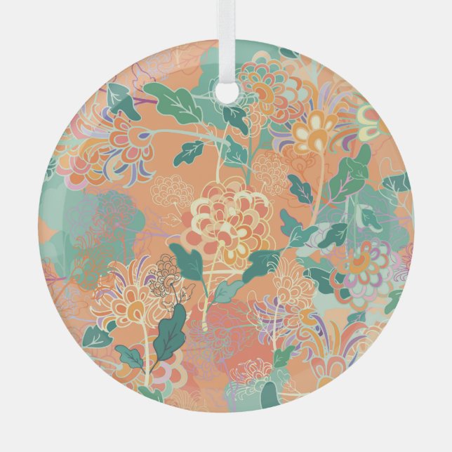 Adorno De Cristal Crisantemo chino: patrón naranja floral. (Anverso)