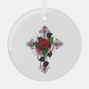 Adorno De Cristal Cruz de Plata con una Rosa Roja