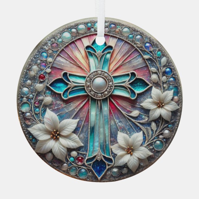 Adorno De Cristal Cruz de vidrio manchado con Perlas y Poinsettias (Reverso )