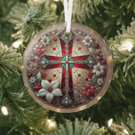 Adorno De Cristal Cruz de vidrio manchado y Poinsettias