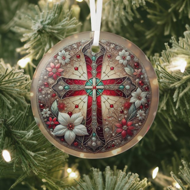 Adorno De Cristal Cruz de vidrio manchado y Poinsettias (in situ)