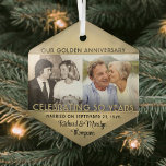 Adorno De Cristal Cualquier texto 2 foto Aniversario del Boda de Oro<br><div class="desc">Celebrar un alegre aniversario dorado del 50° boda con una foto personalizado de 2 "Casados 50 años" adorno navideño de vidrio en forma de hexágono negro y dorado. Las imágenes y todos los textos de esta plantilla son fáciles de personalizar. El diseño presenta un fondo de Relieve metalizado de imitación...</div>