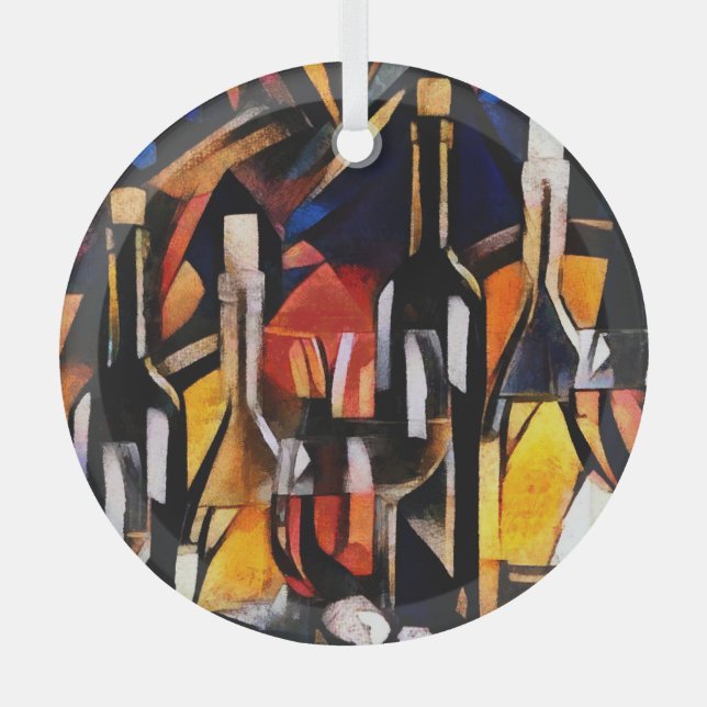 Adorno De Cristal Cubism Wine Themem: Botellas y uvas (Anverso)