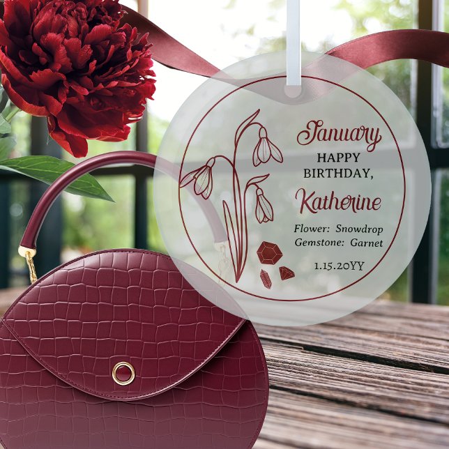 Adorno De Cristal Cumpleaños Floral de Snowdrop de enero Keepsake (January Snowdrop Floral | Garnet Gemstone Birthday Keepsake Glass Ornament)