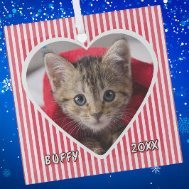Adorno De Cristal Custom Cat on Red and White Striped Heart on