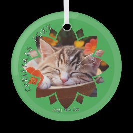 Adorno De Cristal Custom Cat Photo Framed in Flower on Green 