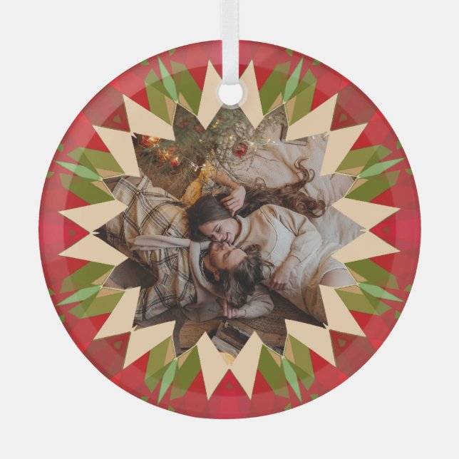 Adorno De Cristal Custom Red Green Christmas Star Photo Gift Tree (Anverso)