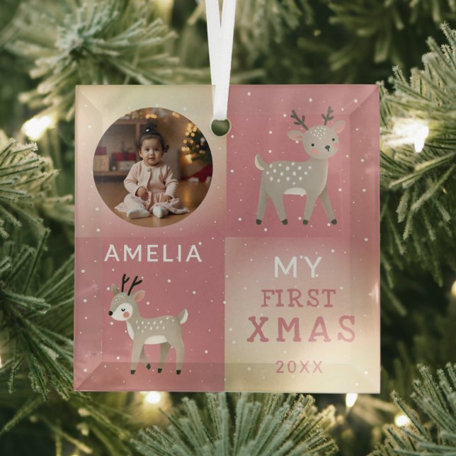 Adorno De Cristal Cute Personalized Baby Photo Reindeer Christmas (in situ)