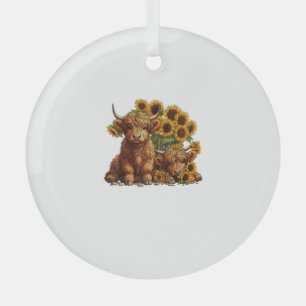 Adorno De Cristal Cute Scotland Highland Cow Sunflower Día de la Mad