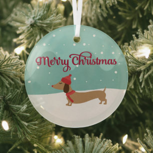 Adorno De Cristal Dachshund Merry Christmas Tree Ornamy Snowy