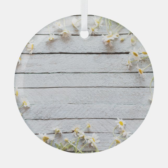 Adorno De Cristal Daisies salvajes: fondo de madera clara. (Anverso)