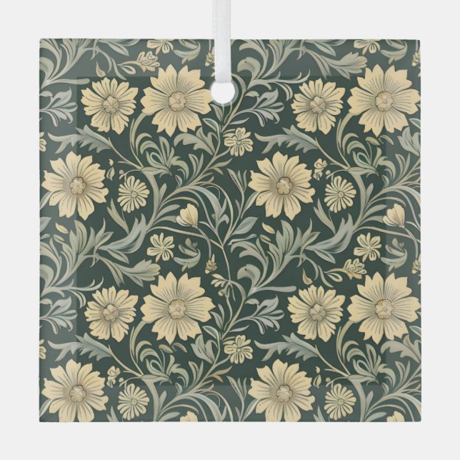 Adorno De Cristal Dark green stylized yellow flowers  pattern  (Anverso)