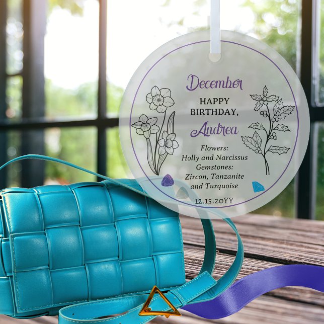 Adorno De Cristal Diciembre Holly y el cumpleaños de Narcissus Keeps (December Holly and Narcissus Floral | Turquoise, Zircon Gemstone Birthday Keepsake Glass Ornament)