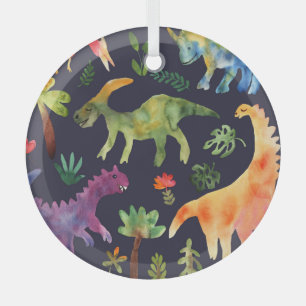 Adorno De Cristal Dinosaurios florales: Diseño de tela acuarela