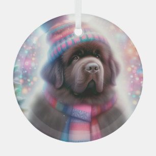 Adorno De Cristal Dreamy Brown Newf en un Beanie