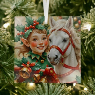 Adorno De Cristal Duende de Navidad con campanas, acebo y caballo