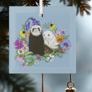 Adorno De Cristal Dulces Ferrets Azules Caprichosos con Flores Parej