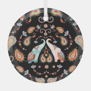 Adorno De Cristal Elefante Tribal: Patrón Paisley de acuarela.