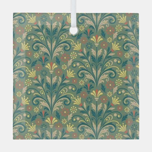 Adorno De Cristal Elegant Floral Pattern in Yellow and Red on Green (Anverso)